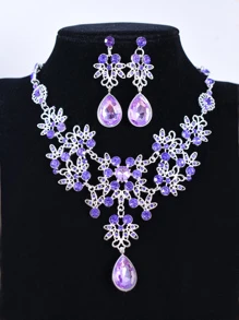 1 Vòng Cổ & 1 Đôi Bông Tai Thủy Tinh Sang Trọng Đá Quý Trắng Giọt Nước Cô Dâu Bộ Trang Sức - Màu tím hoa cà - Xem 1