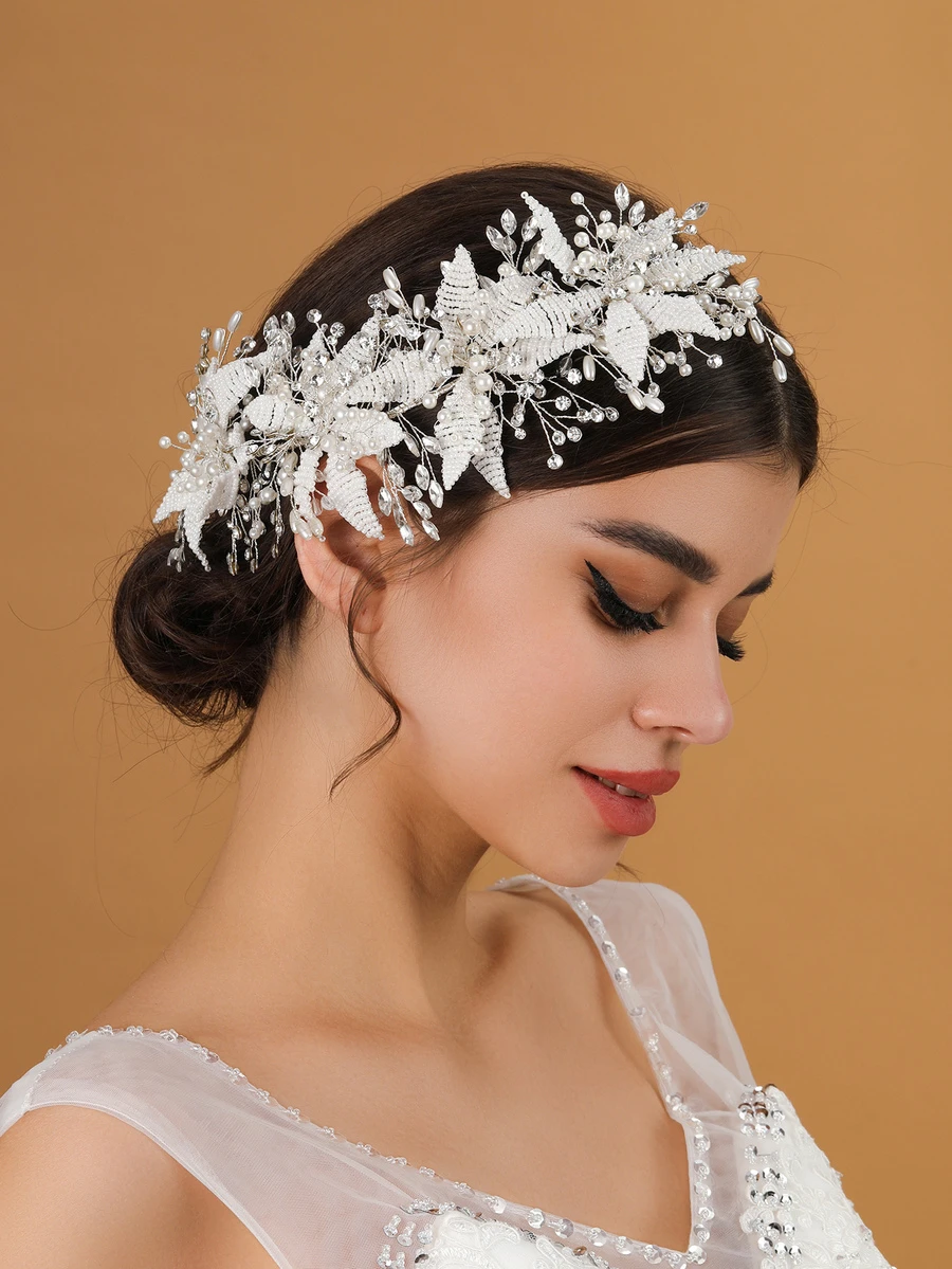 新娘珍珠新娘頭帶婚禮頭飾，女式女孩水晶花髮飾 - 銀色 - 查看 1