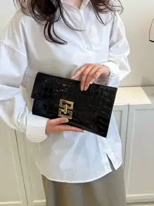 Fashionable Crocodile Pattern Flip Clutch Bag - Black - View 4