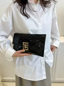 Fashionable Crocodile Pattern Flip Clutch Bag - Black - View 3