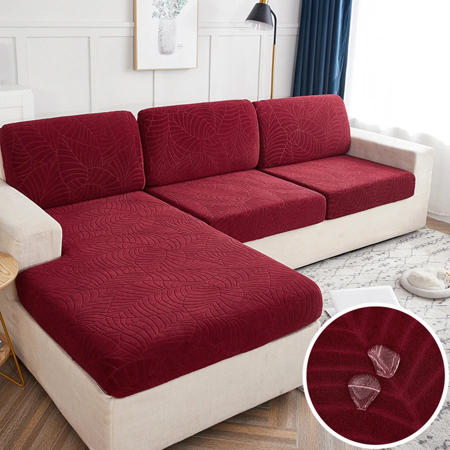1pc Waterproof Leaf Pattern Sofa Cushion Cover With High Elasticity To Prevent Pet Scratching, All Season, Can Be Used As Decoration - Burgundy - View 1