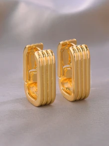 1對簡約風和個性化設計和高端時尚多層橢圓形銅扣圓耳環適合女士 - 金黃色 - 查看 2