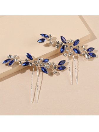 2pcs Elegant Navy Blue Crystal Rhinestone Shiny Bridal Hair Clips, U-Shaped Ponytail Accessories