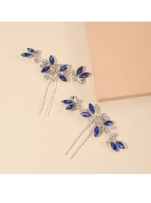 2个优雅藏蓝色水晶水钻闪亮新娘发夹，U型马尾辫配饰，情人节配饰，婚礼发饰 - 寶藍色 - 查看 2