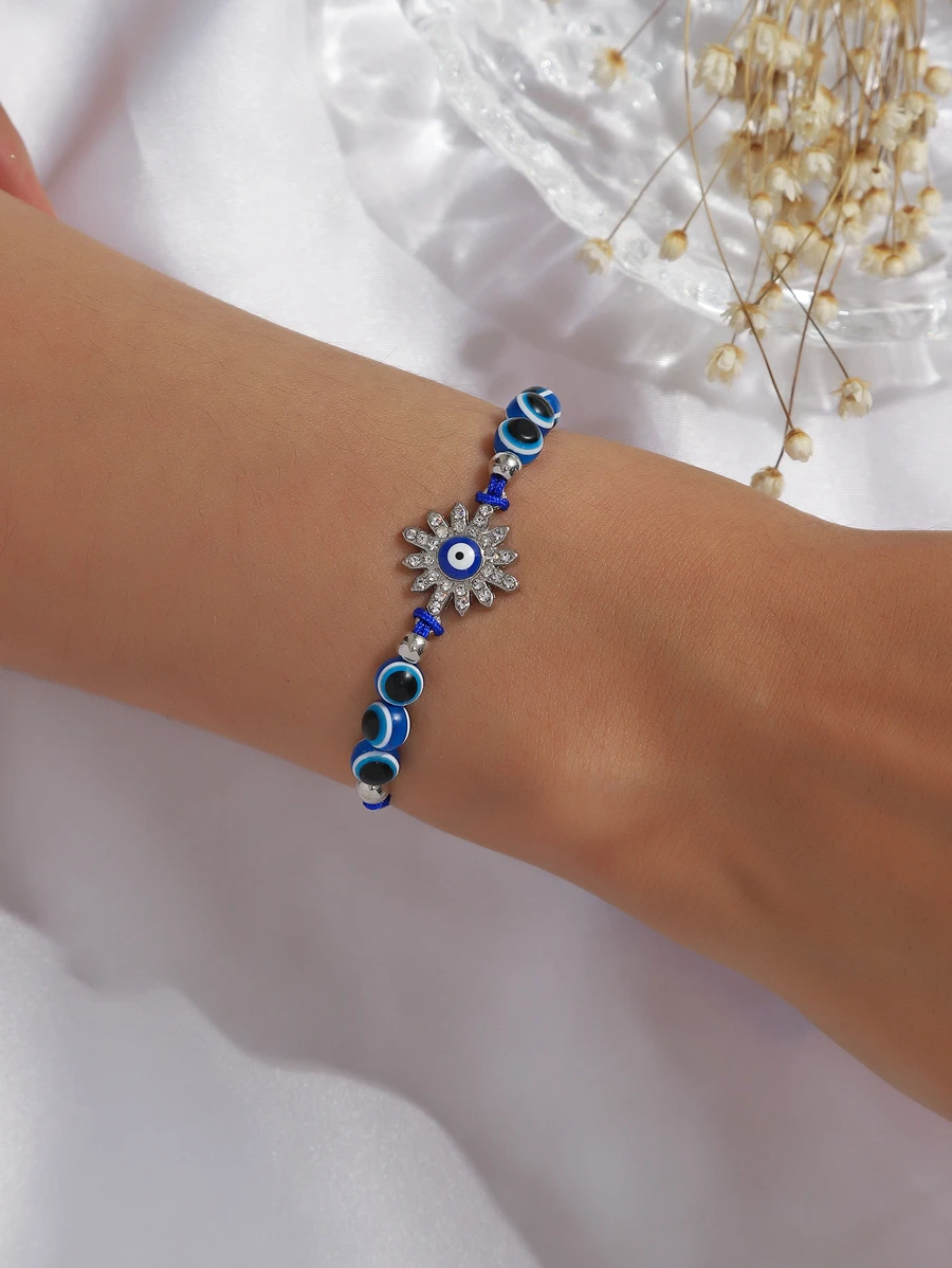 1pc Fashion Plastic Flower Decor Evil Eye Bead String Bracelet For Women For Decoration - Multicolor - View 1