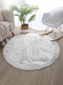 1pc 1.4-Inch Pile Length Round Carpet, Solid White Long Plush Coral Fleece Rug, 100% Polyester PV Plush Sponge Interlayer Living Room Non-Slip Decorative Carpet ,Room Decor - White - View 1