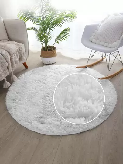 1pc 1.4-Inch Pile Length Round Carpet, Solid White Long Plush Coral Fleece Rug, 100% Polyester PV Plush Sponge Interlayer Living Room Non-Slip Decorative Carpet ,Room Decor