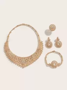 5入組/套優雅新娘飾品套裝帶鏤空設計和全水鑽裝飾用品適合女士 - 金黃色 - 查看 2