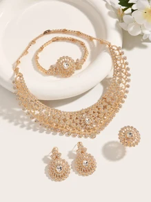 5入組/套優雅新娘飾品套裝帶鏤空設計和全水鑽裝飾用品適合女士 - 金黃色 - 查看 3