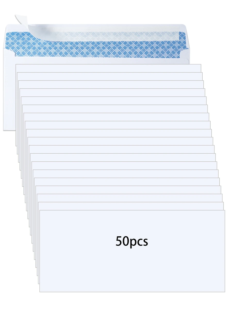 50pcs/Set Self-Seal Envelopes, White Envelope with Sticky, Invitation Envelope, Printable Invitation Envelope, Self Sealing Wedding Photo Postcard Greeting Card Mailing Windowless Design 4.1 X 9.5in - White - View 1
