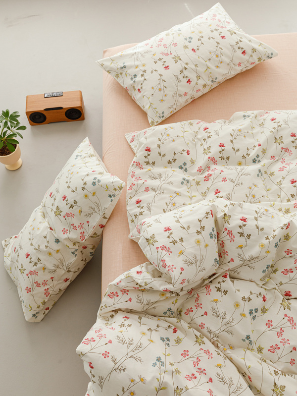 مجموعة ملاءة سرير زهري منعش 3 قطع/مجموعة، 2 غطاء وسادة + 1 غطاء لحاف