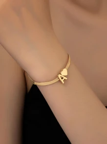 1 件简约金属字母和心形吊坠链手链，度假风格，情人节、妈妈、母亲、母亲节、礼物 - 金黃色 - 查看 1