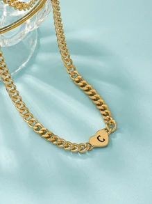 1 件金属简约心形和字母吊坠项链情人节、妈妈、母亲、母亲节、礼物 - 金黃色 - 查看 3