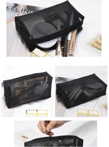 1個中號化妝品袋和化妝品組織者。日常時尚網格方形化妝袋黑色拉鍊錢包,y2k包適用於女性、女孩、工作和旅行彩妝（化妝刷、眉筆、口紅、香水存儲）,極簡主義便攜旅行配件收納袋,適用於學校、大學、戶外、旅行、郊遊、假日 - 黑色 - 查看 6