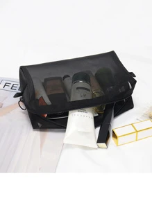 1個中號化妝品袋和化妝品組織者。日常時尚網格方形化妝袋黑色拉鍊錢包,y2k包適用於女性、女孩、工作和旅行彩妝（化妝刷、眉筆、口紅、香水存儲）,極簡主義便攜旅行配件收納袋,適用於學校、大學、戶外、旅行、郊遊、假日 - 黑色 - 查看 3