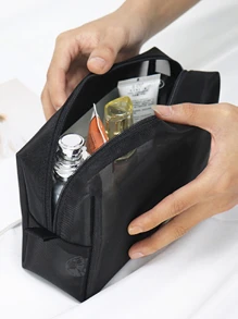 1個中號化妝品袋和化妝品組織者。日常時尚網格方形化妝袋黑色拉鍊錢包,y2k包適用於女性、女孩、工作和旅行彩妝（化妝刷、眉筆、口紅、香水存儲）,極簡主義便攜旅行配件收納袋,適用於學校、大學、戶外、旅行、郊遊、假日 - 黑色 - 查看 4