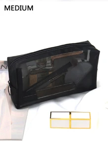 1個中號化妝品袋和化妝品組織者。日常時尚網格方形化妝袋黑色拉鍊錢包,y2k包適用於女性、女孩、工作和旅行彩妝（化妝刷、眉筆、口紅、香水存儲）,極簡主義便攜旅行配件收納袋,適用於學校、大學、戶外、旅行、郊遊、假日 - 黑色 - 查看 1