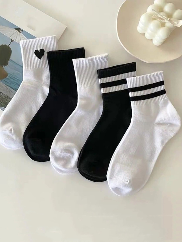 5pairs Stripe & Printed Sports Casual Mid-Calf Socks, Fall