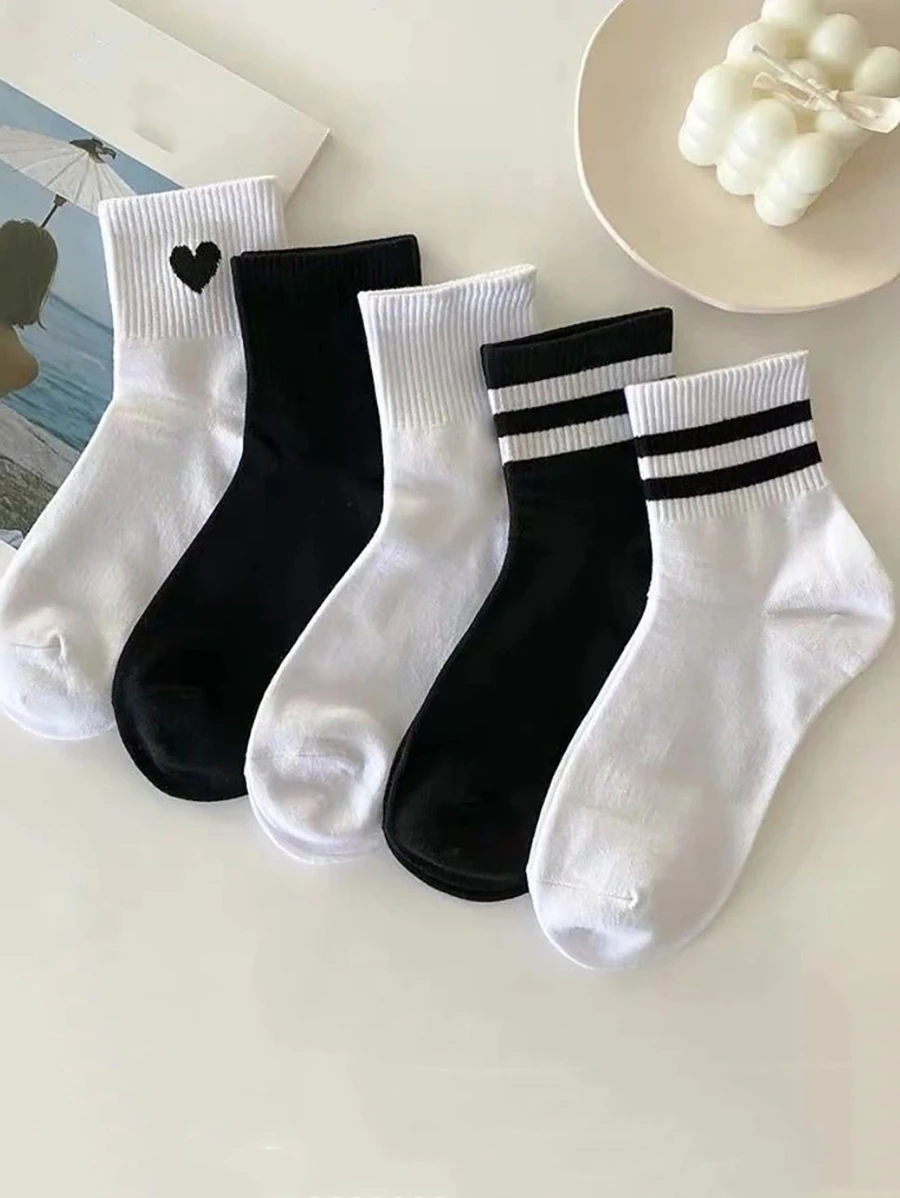 5pairs Stripe & Printed Sports Casual Mid-Calf Socks, Fall