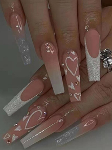 24pcs Long Coffin Shaped Nails, Y2K French Tip With Curved Rhinestone Design, Full Cover Nails For Women And Girls, Autumn/Winter