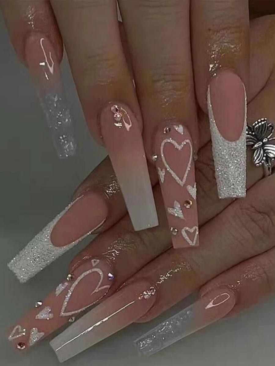24pcs Long Coffin Shaped Nails, Y2K French Tip With Curved Rhinestone Design, Full Cover Nails For Women And Girls, Autumn/Winter