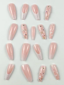 24pcs Long Coffin Shaped Nails, Y2K French Tip With Curved Rhinestone Design, Full Cover Nails For Women And Girls, Autumn/Winter