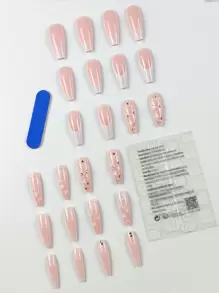 24pcs Long Coffin Shaped Nails, Y2K French Tip With Curved Rhinestone Design, Full Cover Nails For Women And Girls, Autumn/Winter