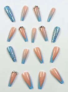 24片长棺材形美甲贴片，法式白边，弧形水钻设计，适合女性和女孩，秋冬季美甲用品 - 藍色 - 查看 3