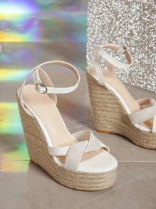 女式編織坡跟涼鞋，帶露趾帶和棕色踝帶，羅馬風格高跟鞋 - 白色 - 查看 5