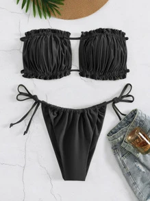 褶邊抹胸側繫帶比基尼泳裝 - 黑色 - 查看 1
