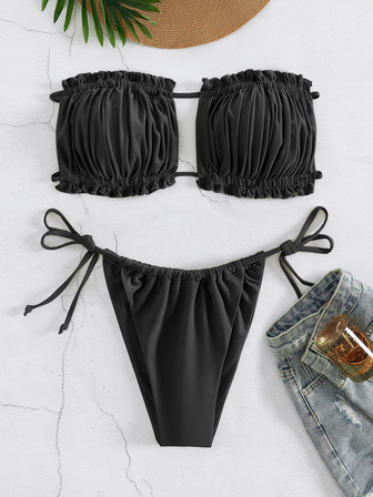 褶邊抹胸側繫帶比基尼泳裝