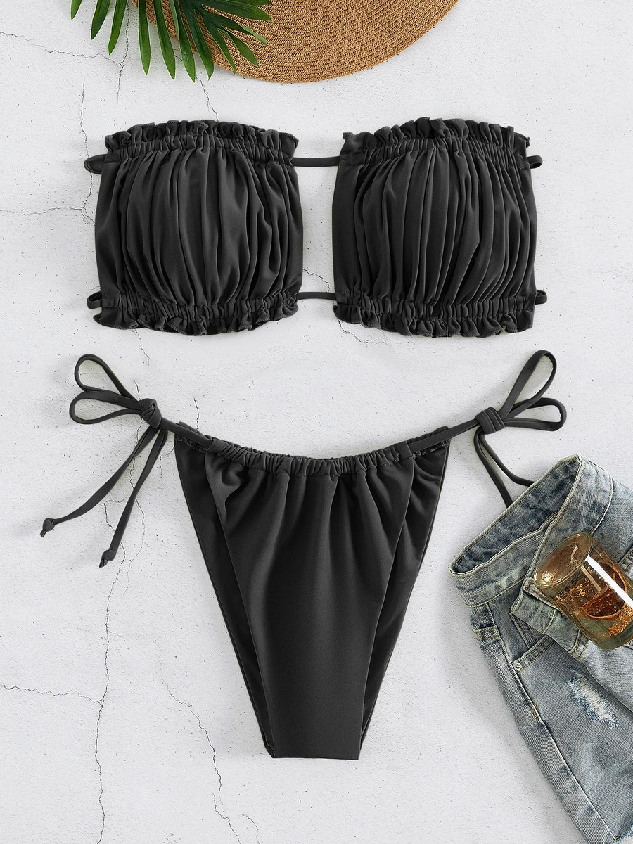 褶邊抹胸側繫帶比基尼泳裝 - 黑色 - 查看 1