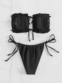 褶邊抹胸側繫帶比基尼泳裝 - 黑色 - 查看 2