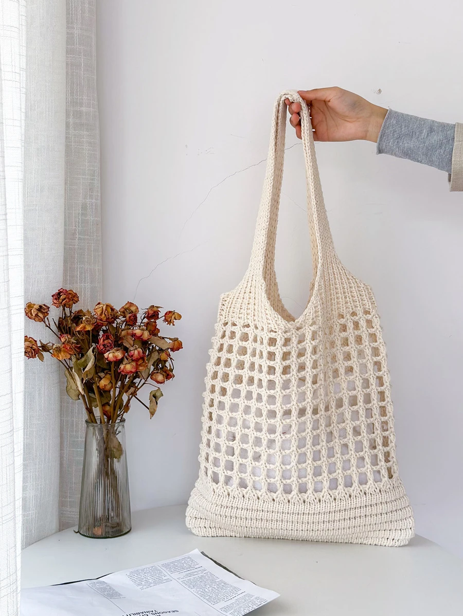 Women's Minimalist Large Capacity Woven Shopping Bag Crochet Beach Bag,hollow Casual Large Capacity Storage Tote Bag,good For Work And Travel - Beige - View 1