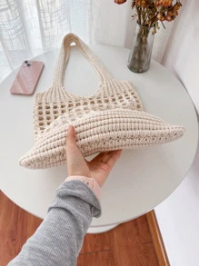 Women's Minimalist Large Capacity Woven Shopping Bag Crochet Beach Bag,hollow Casual Large Capacity Storage Tote Bag,good For Work And Travel - Beige - View 2