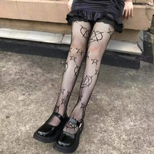 1雙女性星星圖案Y2K漁網褲襪適合派對 - 黑色 - 查看 4