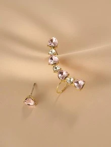 1對不對稱粉色心形方晶鋯石耳釘 - 金黃色 - 查看 4