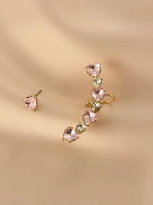 1對不對稱粉色心形方晶鋯石耳釘 - 金黃色 - 查看 1