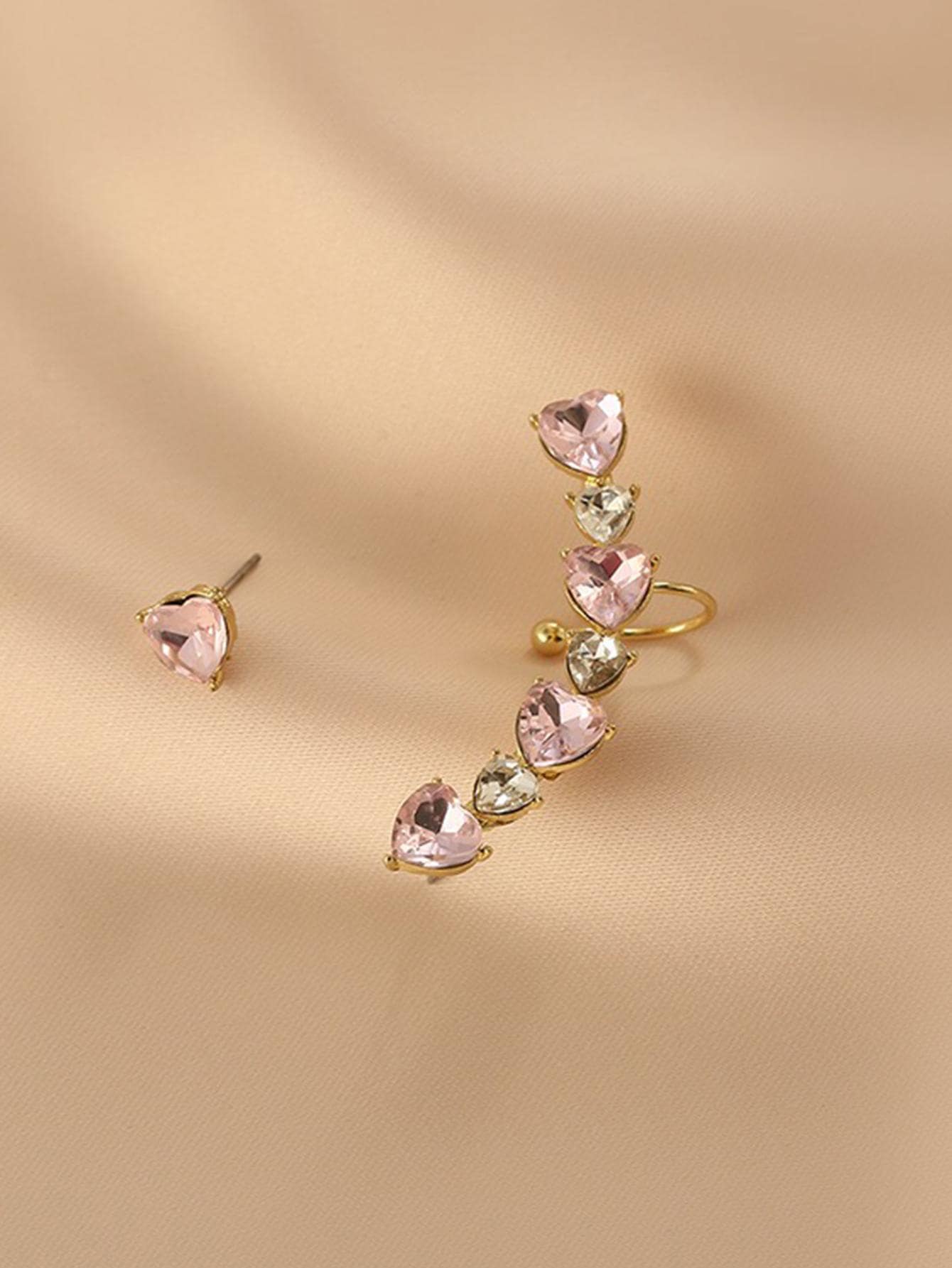1對不對稱粉色心形方晶鋯石耳釘 - 金黃色 - 查看 1
