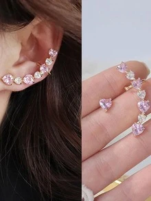 1對不對稱粉色心形方晶鋯石耳釘 - 金黃色 - 查看 6