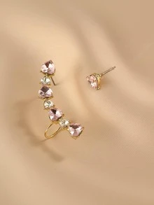 1對不對稱粉色心形方晶鋯石耳釘 - 金黃色 - 查看 2