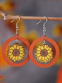 Sunflower Pattern Round Drop Earrings - Multicolor - View 2