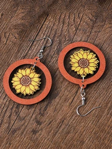 Sunflower Pattern Round Drop Earrings - Multicolor - View 1