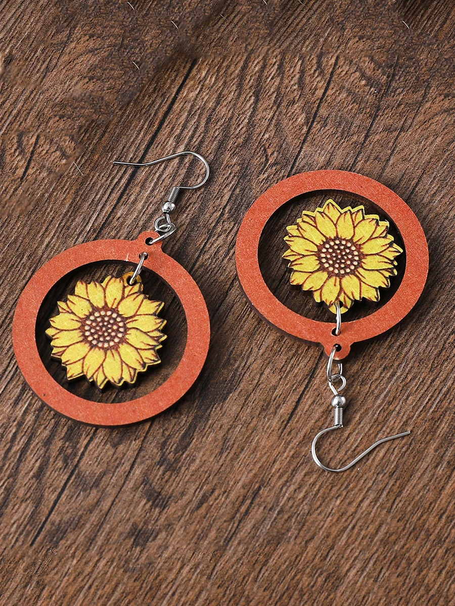 Sunflower Pattern Round Drop Earrings - Multicolor - View 1