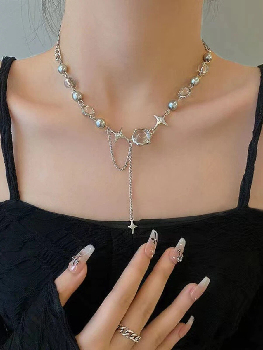 星星裝飾項鍊適合女士,夏天酷和流行配件,獨特設計鎖骨鏈條帶高端感覺 - 銀色 - 查看 1