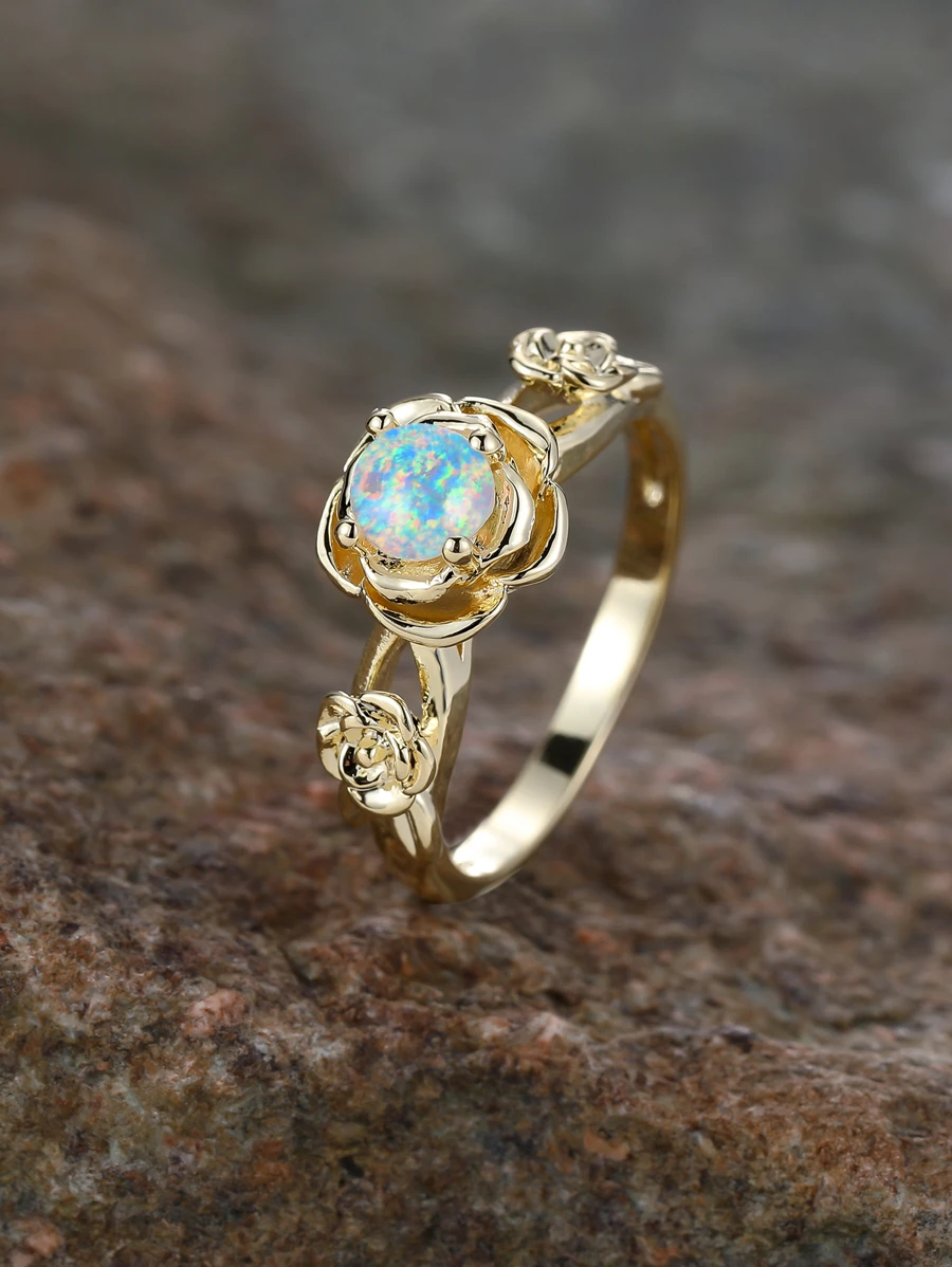 1pc Three Rose Design Synthetic Opal & Rhinestone Decor Ring, Perfect Gift For Date Or Lover - Yellow Gold - View 1