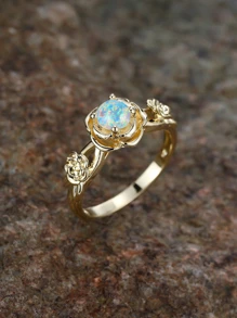 1pc Three Rose Design Synthetic Opal & Rhinestone Decor Ring, Perfect Gift For Date Or Lover - Yellow Gold - View 3