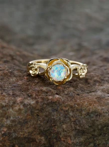 1pc Three Rose Design Synthetic Opal & Rhinestone Decor Ring, Perfect Gift For Date Or Lover - Yellow Gold - View 2