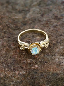 1pc Three Rose Design Synthetic Opal & Rhinestone Decor Ring, Perfect Gift For Date Or Lover - Yellow Gold - View 4
