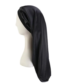 1pc New Design Wide Brim Long Tube Hat With Printed Satin Elastic Hair Protecting Cap For Braids, Sleeping - Black - View 1